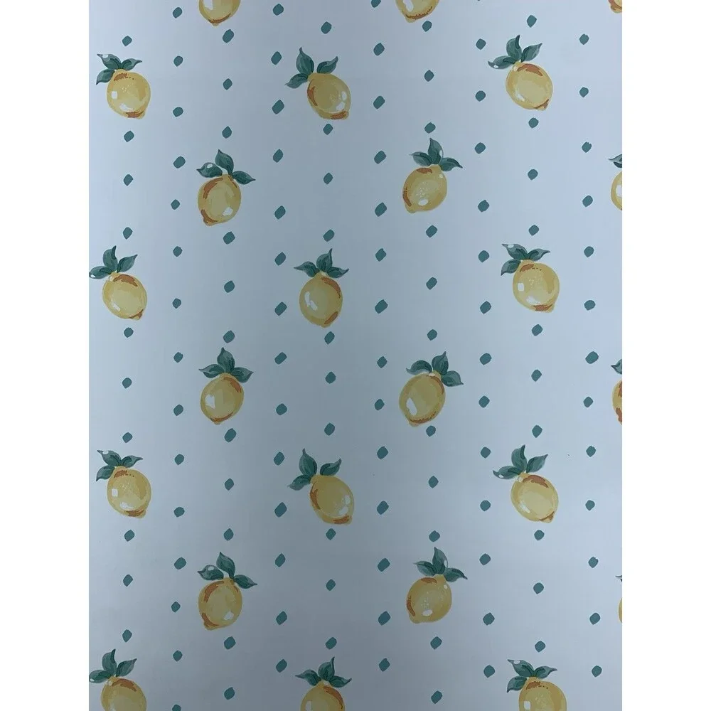 Vintage Wallpaper Citrus Lemons Green Leaves Fruit on White Background.